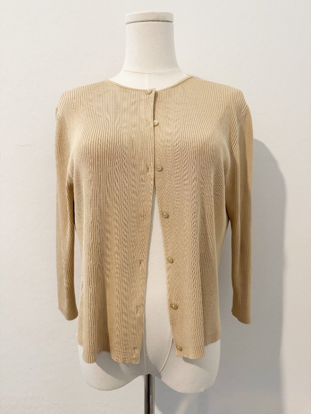 Vintage Ann Taylor Loft Ribbed Knit Cardigan Size Large Silk Chic Fall Neutral